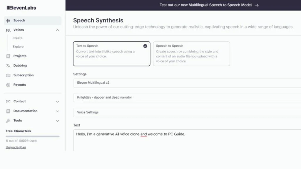 Aperçu interface de Elevenlabs - Free 10k Credits (W24H)