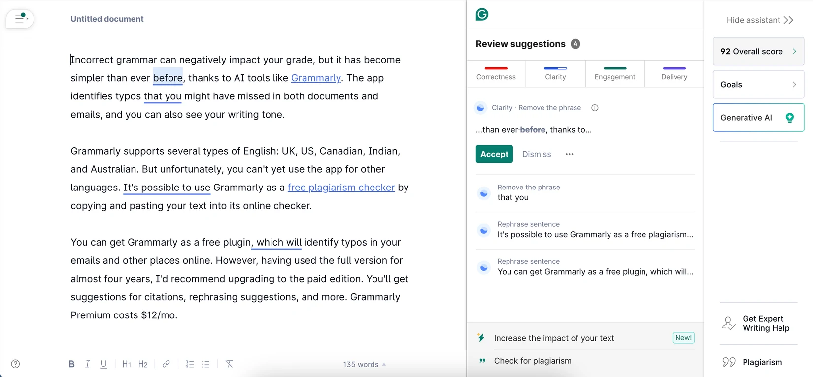 Aperçu interface de Grammarly AI Pro 1 Month full warranty