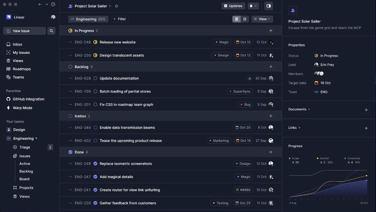 Aperçu interface de Linear business 1 year