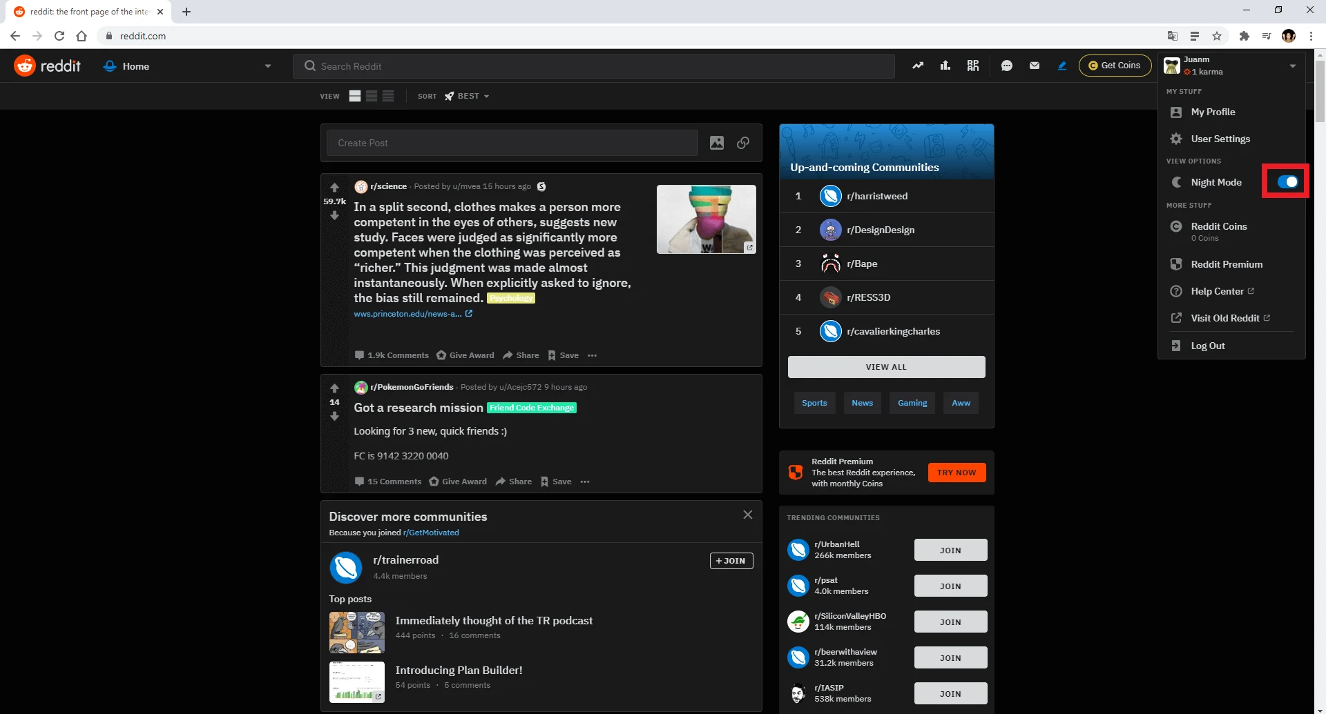 Aperçu interface de Reddit clone account