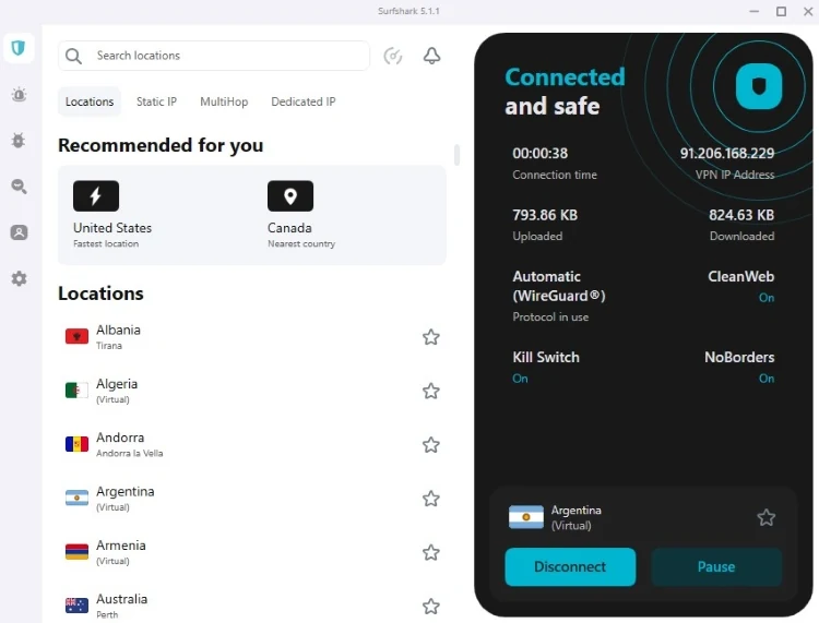 Aperçu interface de Surfshark VPN One 7 Days full warranty